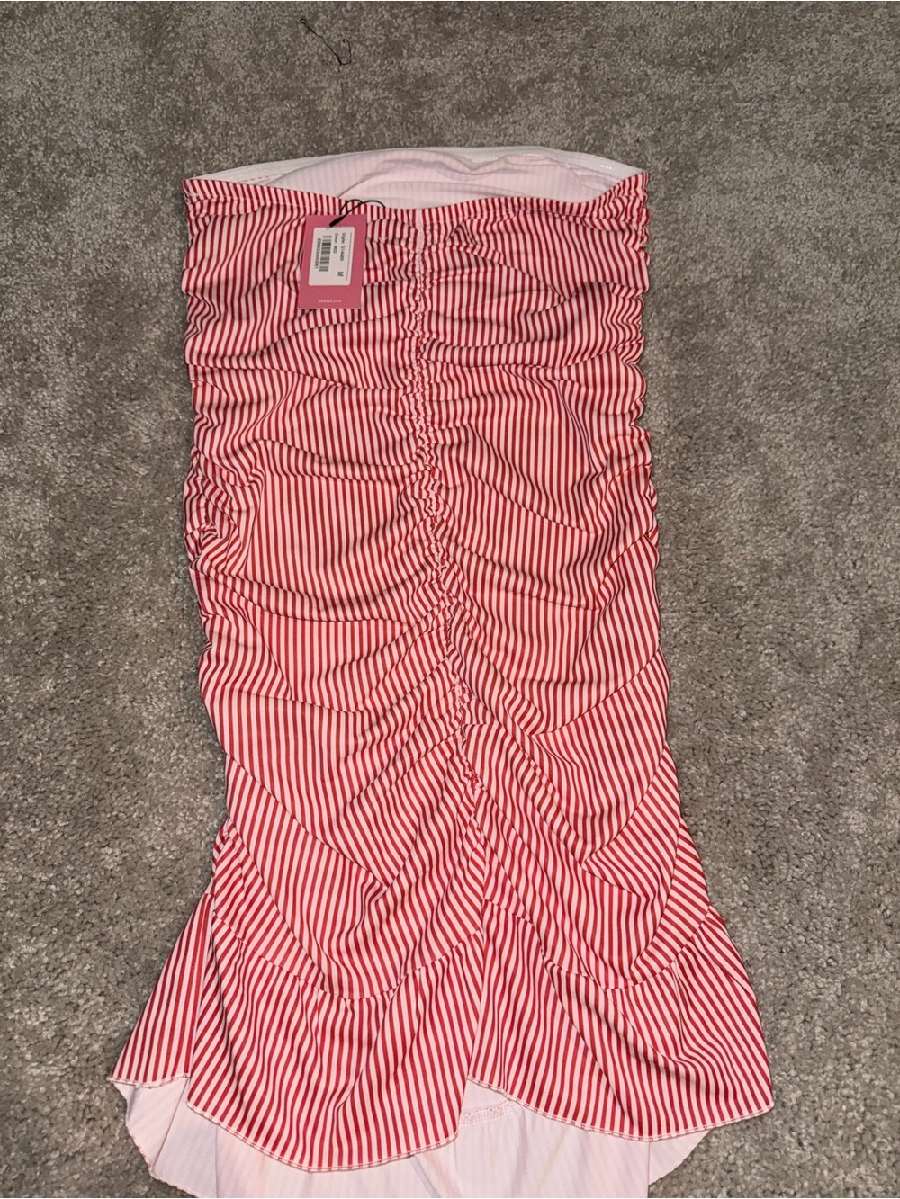 Edikted Red Striped Strapless Ruched Dress - Picture 4 of 7